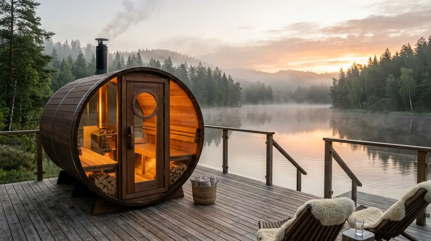 Barrel sauna overlooking a misty lake at sunrise