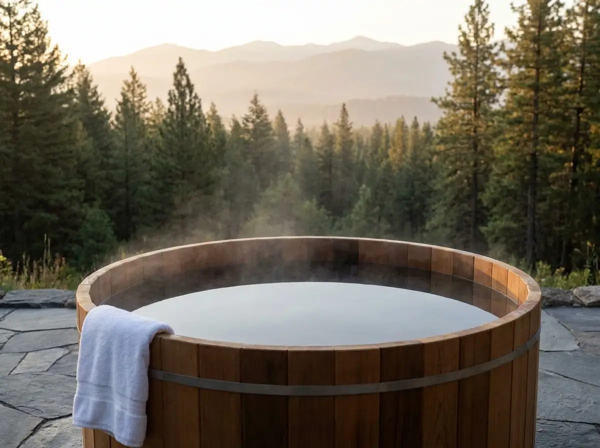 Cedar cold plunge tub at dawn