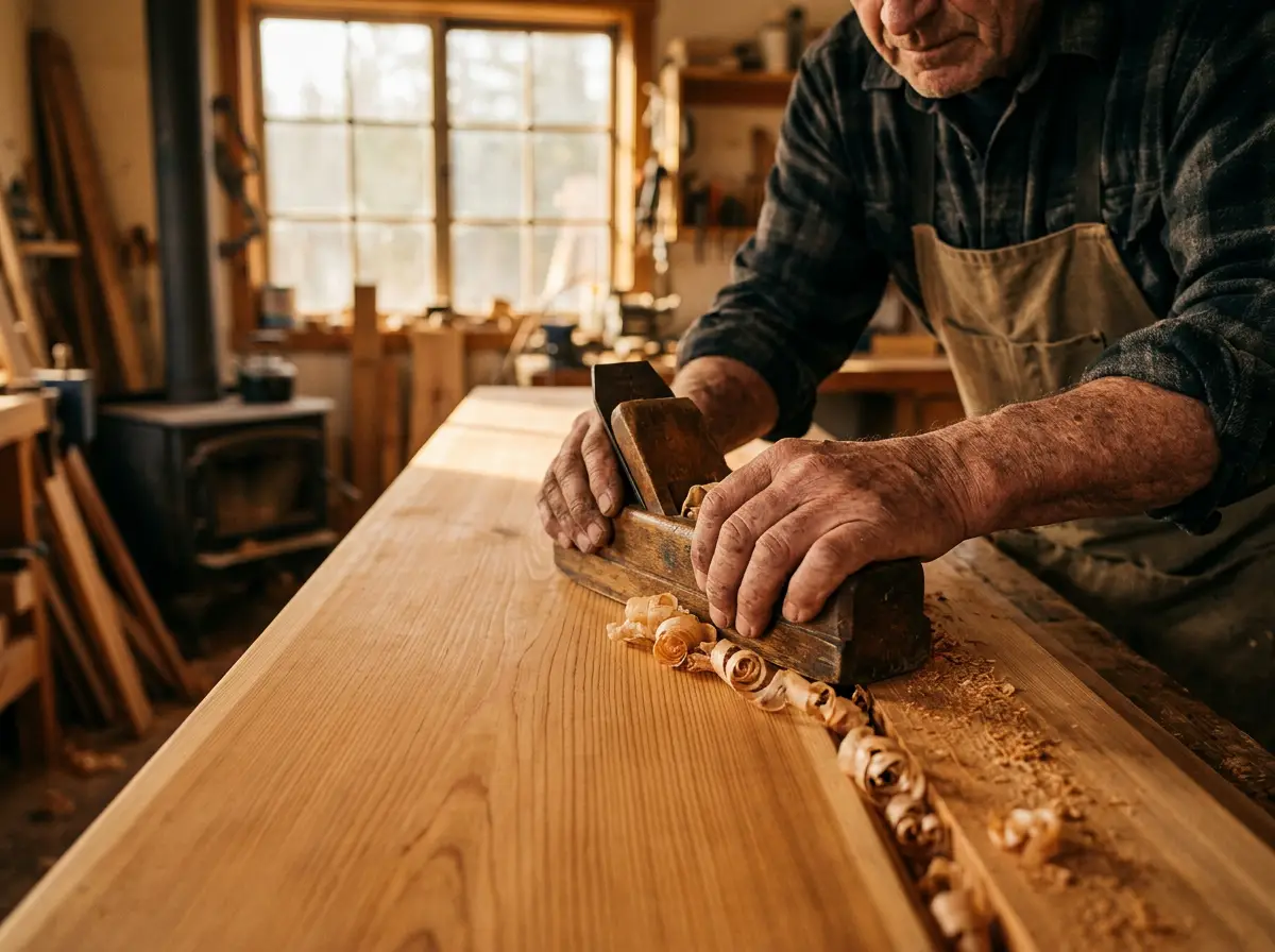 Hand-planed cedar sauna bench being finished by a craftsman